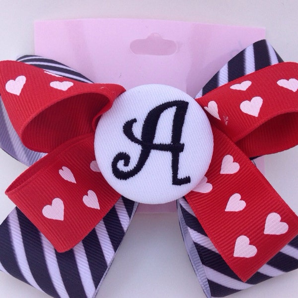 Valentine's Day bow,Monogram Button Hairbow,  Initial, Monogram Hair bows, Girls Gift Idea, Custom Boutique, Monogrammed, Embroidered Curlz,