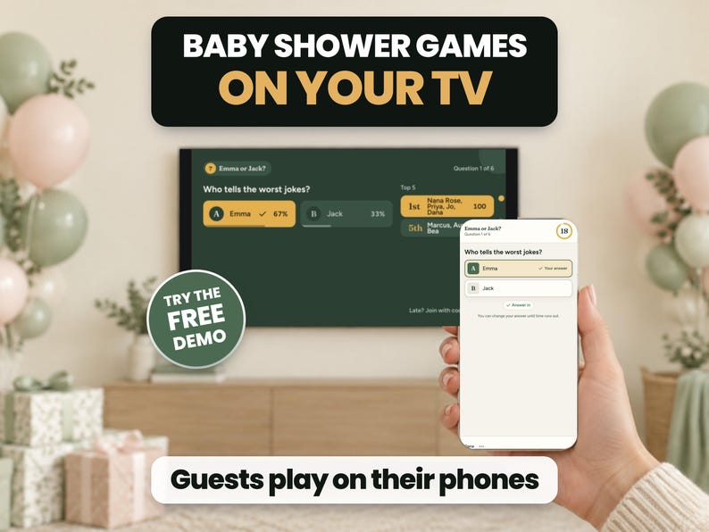Baby Shower Games on TV, Guests Play Using Phones, 12 Games, Virtual Friendly imagen 1