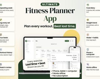 Fitness Planner App | Workout Tracker with Meal Plan, Food Diary and Weight Log