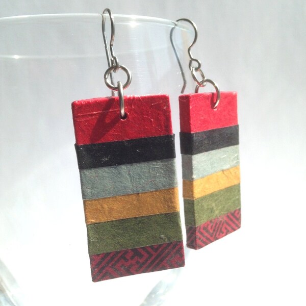 Striped Handmade Hanji Paper Dangle Earrings OOAK Striped Red Grey Yellow Green Hypoallergenic hooks Lightweight