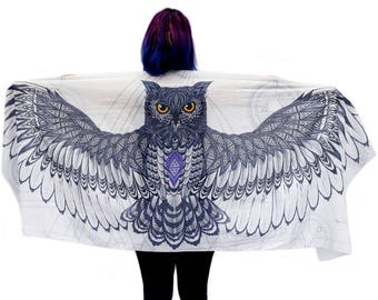 White Navy Owl Wings Scarf, Cotton, Sarong, Headwrap, Boho Festival Scarf, Bridesmaid Gift, Symbolic Gift, Feathers wrap, graduation gift