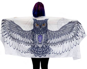 Owl Wings Cotton Scarf: Boho Festival Shawl, Sarong Wrap