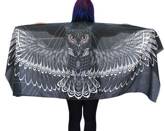 Midnight Owl Wings Cotton Scarf – Boho Festival Shawl Wrap