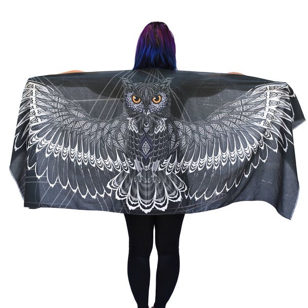 Charcoal Black Owl Scarf, Cotton, Sarong, Headwrap, Boho Shawl, Festival Scarf, Symbolic Gift, Feathers shawl, Mardi Gras, Bridesmaid gift