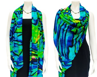 Paua Shell Abalone print scarf, Multiwear scarf, Gift for Her, resort chic, versatile dress kaftan, turban, pareo, in silk or cotton modal