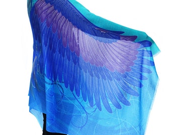 Burning Man scarf, Eagle Wings Wrap, Artistic Gift, Resort wear, Feathers Scarf, Festival Wrap. Original Australian design digital print