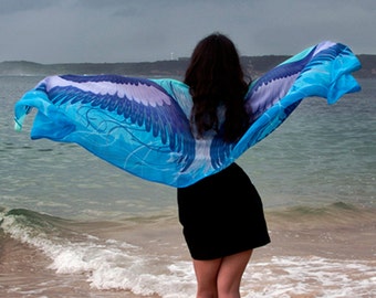 Wings Scarf, Resort wear, Aqua Blue Feather Scarf, Burning Man Costume, Festival Wrap. Boho scarf in silk or cotton modal. Unique gift.