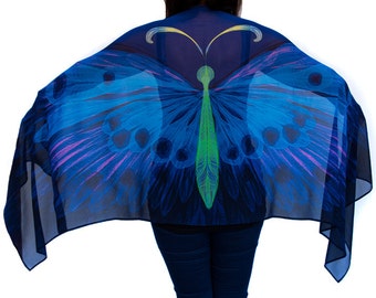 Symbolic Butterfly Scarf, Navy, Aqua, Pink highlights. Silk wrap, shawl, special gift for her. Festival clothing. Australian Made & Printed