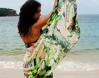 New Zealand Paua Abalone Shell Women's Unique Silk Wrap, Scarf, Vest, Sarong. Iridescent-look. Summer wear. Printed & made in Australia