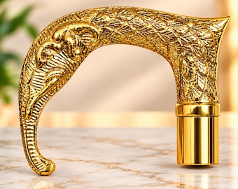 Solid Brass Elephant Head Cane Handle, Polished Gold Walking Stick Grip (5.12" Length)