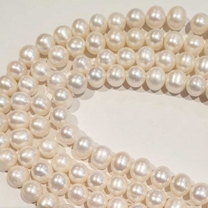 Lindas pérolas de água doce de 10 mm aproximadamente, lindas pérolas redondas/ovais/pepitas, 1 fio (38 pérolas), fio de pérolas brancas de 10 mm (preço sugerido: 89)
