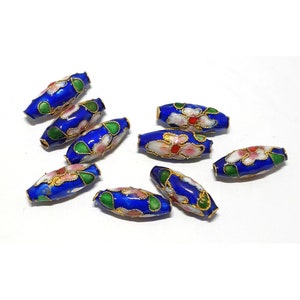 Wunderschöne 18 x 6 mm Oval Blau Cloisonne Emaille Metallperlen, Blau Weiß Rosa Grün Blumenmuster angehoben Goldoberfläche, x119 Perlen