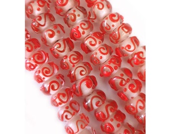 Gorgeous 12x7mm Lampwork Donut Glass Beads, featuring Red Swirl onto White Clear Beads, Centre Drill, large hole, lovely beads x9 or x10