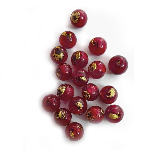 Stunning 10mm Dark Red and Gold Round Glass Bead, 24kt Yellow Gold Foil Bead, Venetian Murano Glass Bead (x1 Bead)