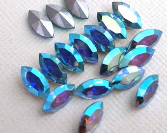 Vintage 10x5mm Starlight AB Marquise, New Vintage Blue Swarovski Crystal Navette Pointy Back Crystal Chaton, Silver foil (Code 4228) x100
