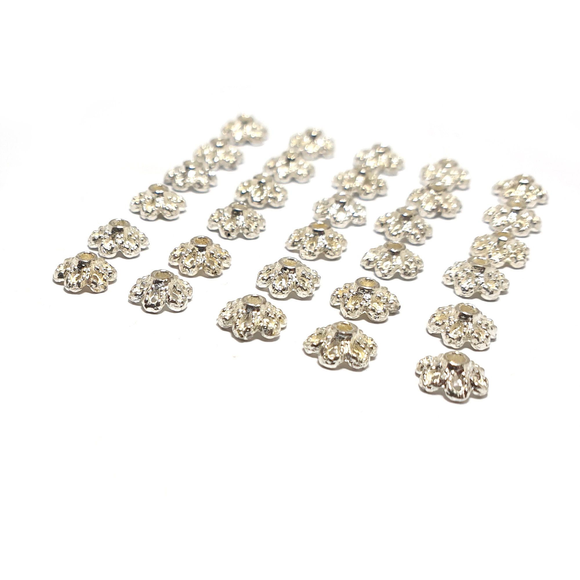 Gorgeous 6x2.7mm Flower Pattern Bead Caps Silver Metal, 6mm, Centre Drill, 1mm hole, silver plated, (x24 pieces)