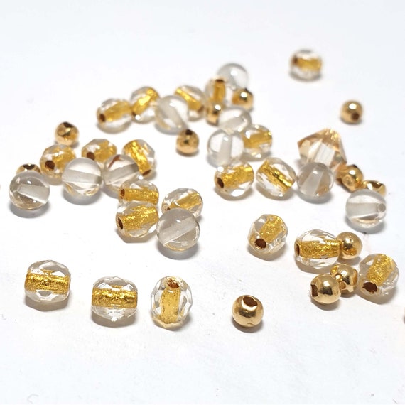 Gold Clear Beads, 4mm Oval Clear Gold Beads X20, 4mm Clear Round Bead, 3mm  Round Metal x48 OR 8mm Clear Gold/bronze Swirl Glass Beads X26 