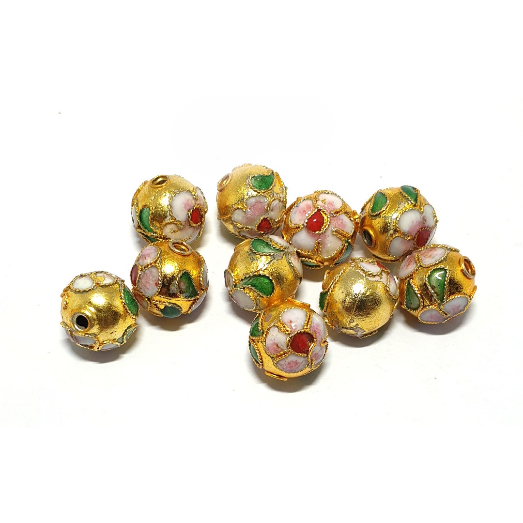 10mm Round Gold Cloisonne Beads, Gold Cloisonne Enamel Metal