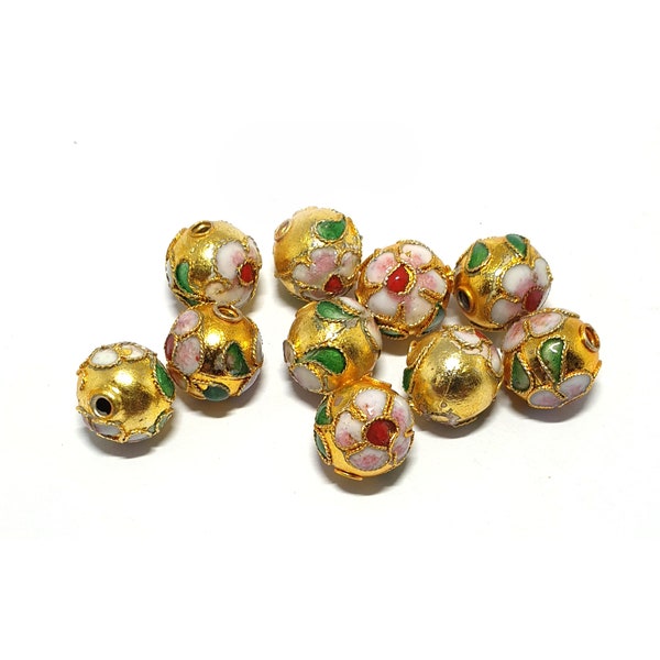 Gorgeous 10mm Round Gold Cloisonne beads, Gold Cloisonne Enamel Metal Beads, Gold White Pink Red Green, gold