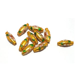 Gorgeous Gold 18x6mm Cloisonne Enamel Metal Oval Beads 1.6mm hole, Gold White Pink Red Green floral pattern, raised gold finish x100