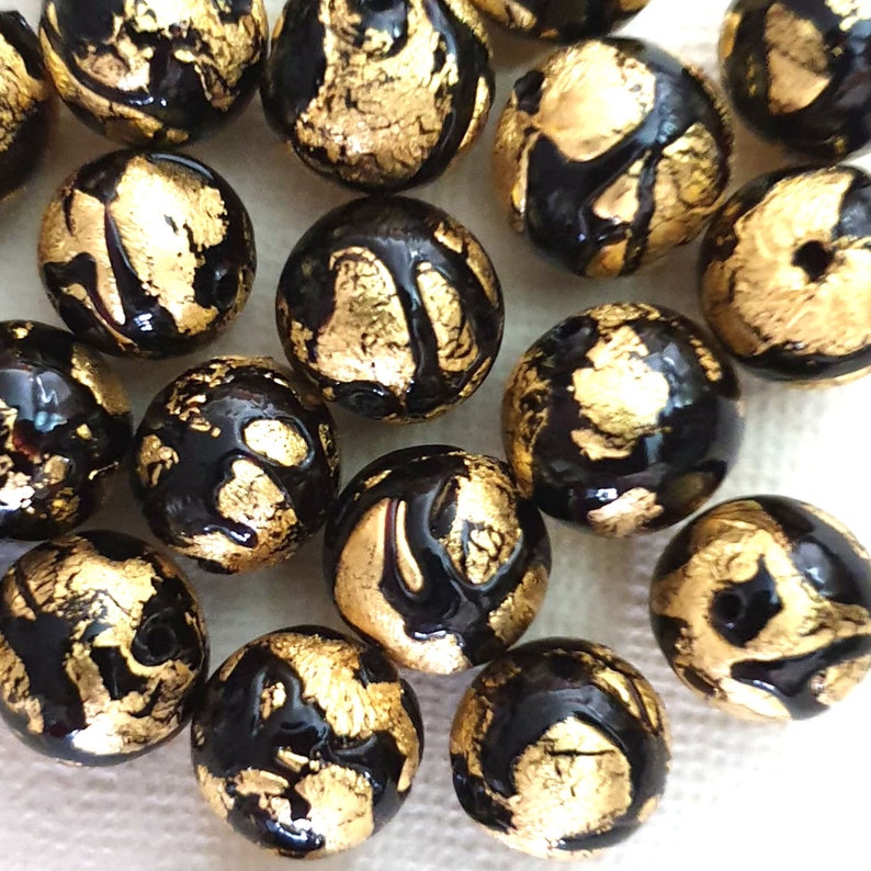 12mm Round Black and Gold 24ct Gold Foil Glass Beads Etsy