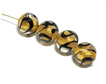 Gorgeous 16mm Round Gold Black Swirl Glass Bead, 24ct Gold Foil Glass Bead, Venetian Murano Glass, 24ct Gold Foil Bead, Handmade (x1 Bead)