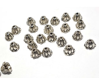 50x Antique Silver Bell Bead Cap, Patterend Bead Cap, 7.3x5mm (6mm inside), secure with a headpin or eyepin (x50 pieces)