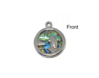 Gorgeous Pendant featuring Penguin, Paua Shell front and back, in silver metal with loop to hang from chain, 23mm, 27mm (with Ring)