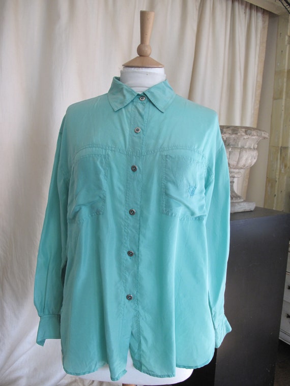 Gloria Vanderbilt green silk shirt blouse size Med