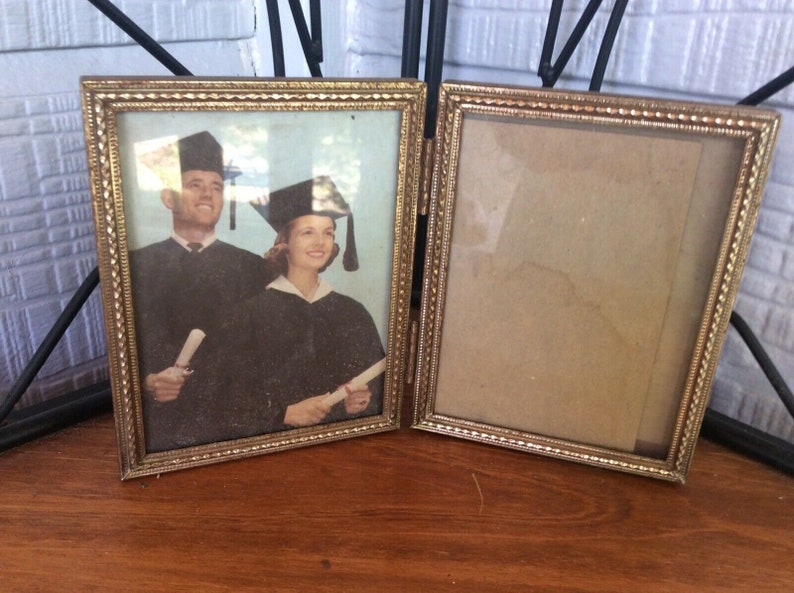 Brass Double Folding Picture Frame Glass Vtg 3 X 4 In Hinged Standing