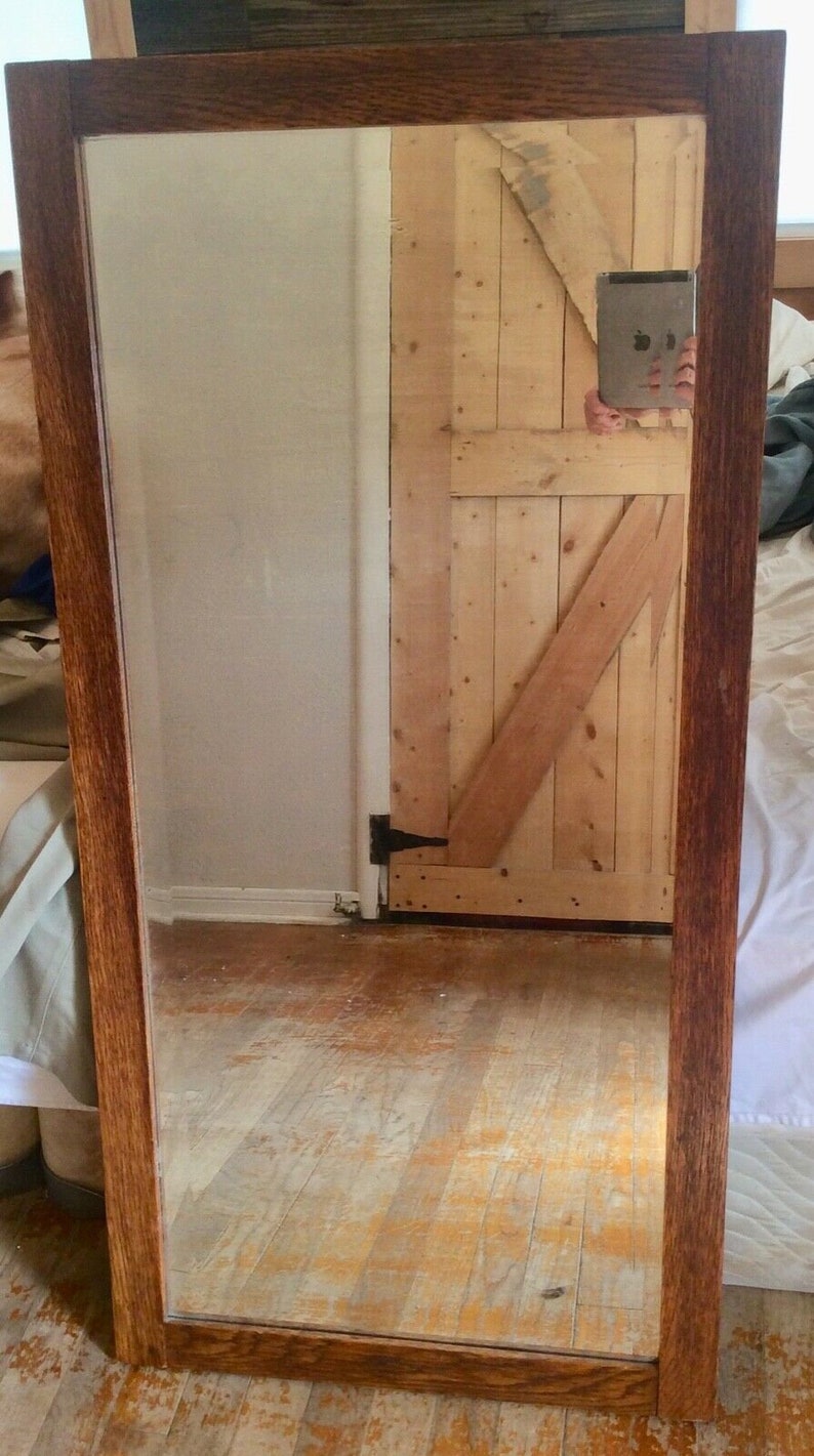 Antique Vtg Large Tall Wood Oak Framed Frame Beveled Rectangular Wall Mirror