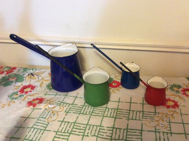 Lot of 4 Vintage Enamelware enamel Dipper Red Blue Green Poland Yugoslavia