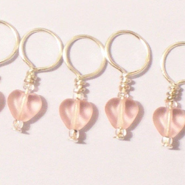 valentine, opalite, moonstone knitting stitch markers, heart beads, set of 6, pewter charm, and glass