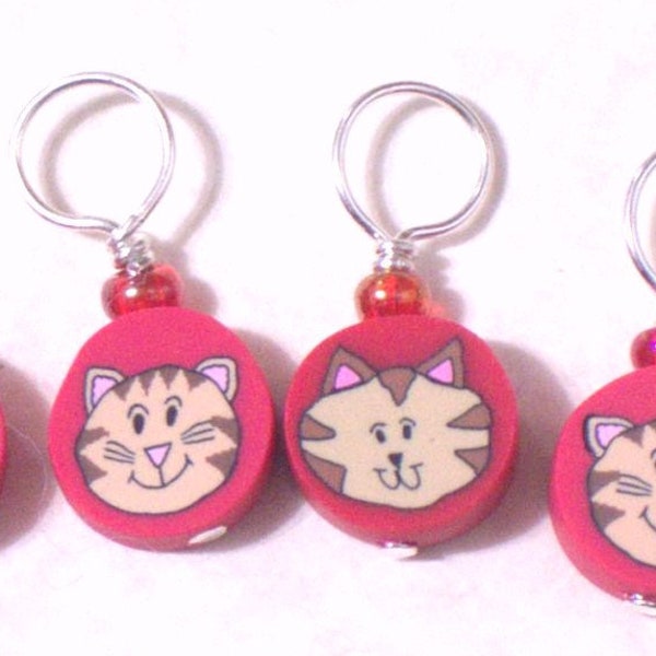 tabby cat colour choice no snag knitting stitch markers, polymer fimo clay cat kitten beads, set of 4