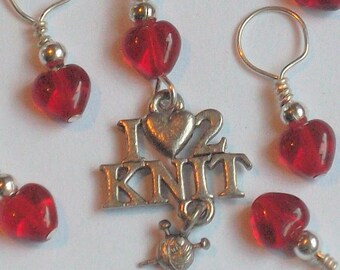 Valentine heart beads, assorted colours, millefiori heart beads, knitting stitch markers,, set of 6, pewter charms, no snag