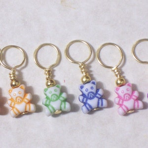 rainbow teddy bear knitting stitch markers, acrylic beads, set of 6, no snag, progress keepers