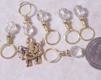 no snag knitting stitch markers, gold plated sheep, set of 6, pewter charms