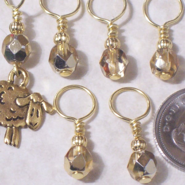 no snag knitting stitch markers, gold plated sheep, set of 6, pewter charms, czech crystal beads, christmas gift