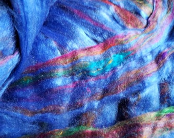 mulberry silk roving, 1 oz., spinning fiber, art yarn, needle felting,tussah,sari, recycled galaxy blue multi