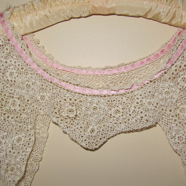 Vintage Antique Beige Pink Ribbon Intricate Crochet Bodice