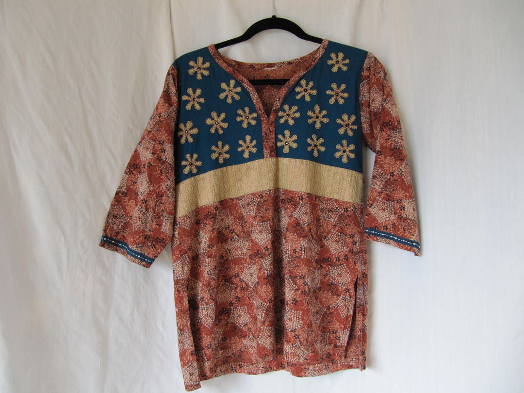 Vintage Boho India Tunic Top Cotton Blue Rust Brown Beige - Etsy