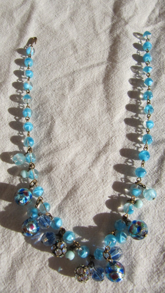 Vintage Glass Beads Necklace Blue Rondelle Rhinest