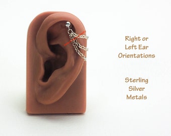 Boucle d'oreille cartilage triple chaîne en argent sterling, clou simple hélice, 835