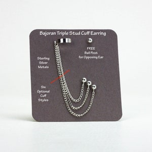 Sterling Silver Triple Chain Bajoran Cuff Earring, Multi-Stud Post, Sci-Fi Trekkie Techie Fancy Fantasy Show Earrings Festival Jewelry, 806