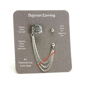 Bajoran Heart Filigree Cuff Earring, Triple Chain Stud Earring, Fancy Wedding Earrings, Silver Fantasy Jewelry, Filigree Ear Cuff, Gift, 590