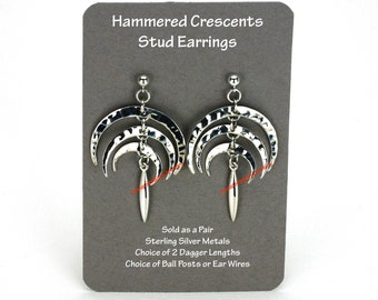 Hammered Triple Crescent Ball Post Earrings, Sterling Silver, Dangle Drop Long Short Dagger Pod, Graduating Inverted Crescent Moons, 1090