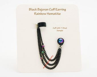 Hypoallergenic Niobium Stud Earring, Black Cuff Triple Chain Bajoran Earring, Sensitive Ears Skin, Rainbow Hematite, Show, Festival, 865