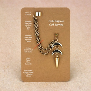 Gold Bajoran Spike Earring, Non-Piercing Cuff Choice, Hypoallergenic Stainless Steel Post Stud Gold-Plated Ball, Trekkie Celestial Show 1035