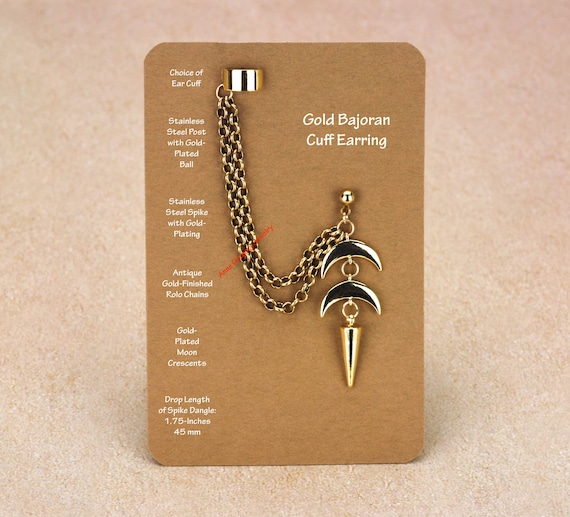 Gold Bajoran Cuff Earring, Stainless Steel Post, Moon Spike Dangle, 1035