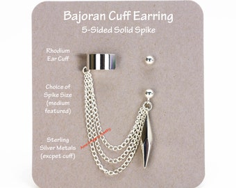 5-Sided Solid Spike Stud Earring, Bajoran Cuff Lobe Triple Chain Single Ear Show Convention Cosplay Goth Trekkie Non Piercing Festival 855